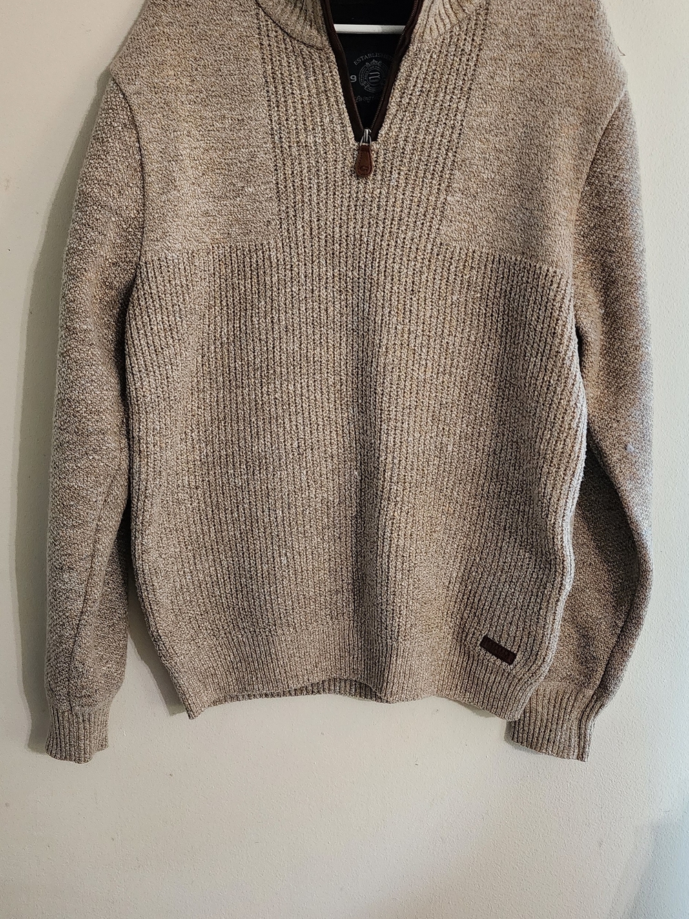 Buffalo David Bitton Tan Brown Heather 1/4 Zip Fleece Lined Knit Sweater Large